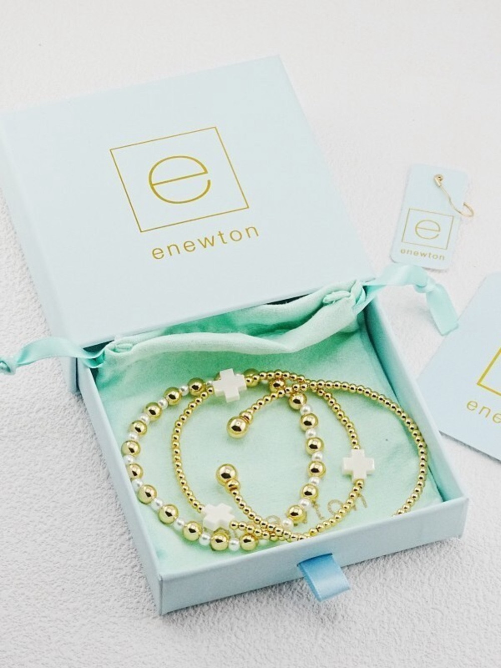 enewton Gold Bead Bracelet Set with White Cross Accents - 3-Piece